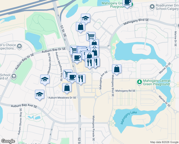 map of restaurants, bars, coffee shops, grocery stores, and more near Mahogany Street in Calgary