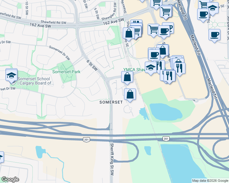 map of restaurants, bars, coffee shops, grocery stores, and more near 11 Somervale View Southwest in Calgary