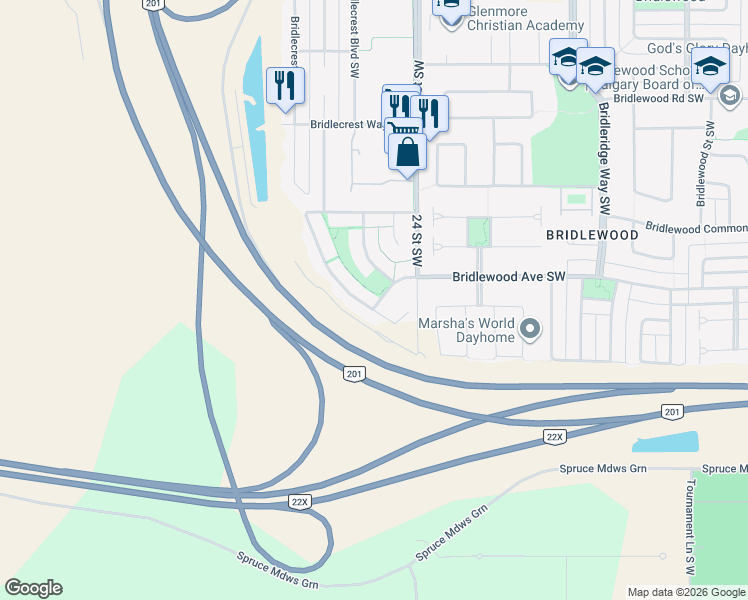 map of restaurants, bars, coffee shops, grocery stores, and more near 45 Bridle Estates Way Southwest in Calgary