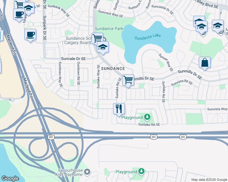 map of restaurants, bars, coffee shops, grocery stores, and more near 426 Sunlake Road Southeast in Calgary