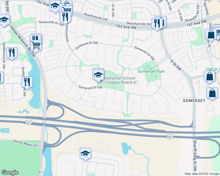 map of restaurants, bars, coffee shops, grocery stores, and more near Somerset Drive Southwest in Calgary