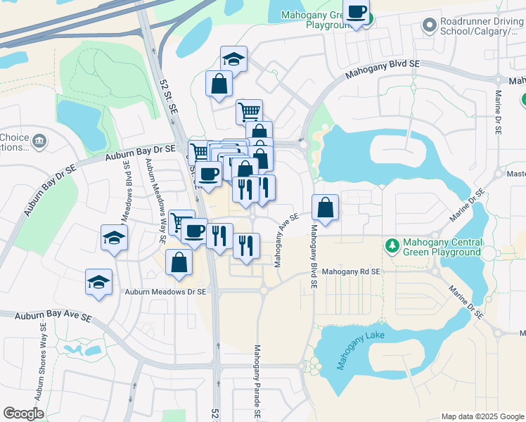 map of restaurants, bars, coffee shops, grocery stores, and more near 112 Mahogany Street in Calgary