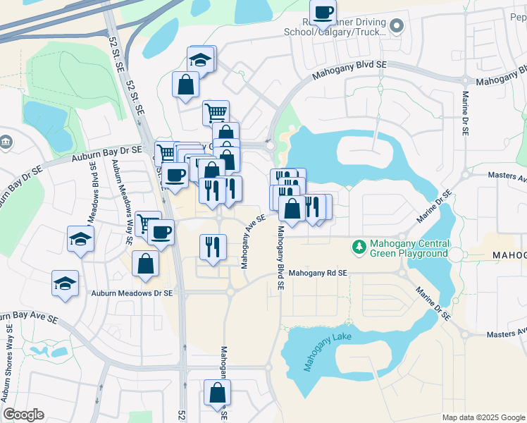 map of restaurants, bars, coffee shops, grocery stores, and more near 2000 Mahogany Boulevard in Calgary