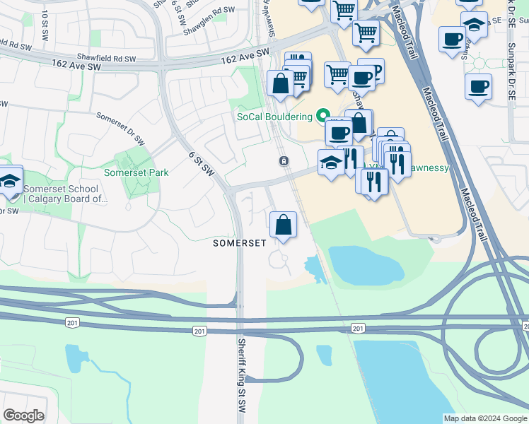 map of restaurants, bars, coffee shops, grocery stores, and more near in Calgary