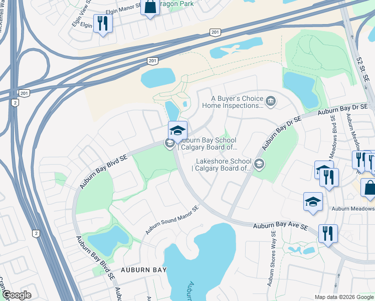 map of restaurants, bars, coffee shops, grocery stores, and more near 10 Auburn Bay Avenue Southeast in Calgary