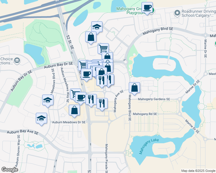 map of restaurants, bars, coffee shops, grocery stores, and more near 112 Mahogany Street in Calgary