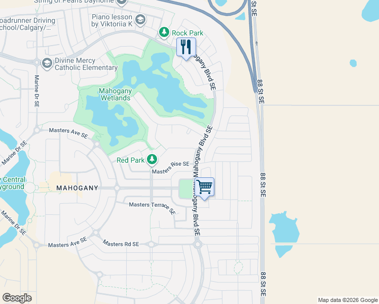 map of restaurants, bars, coffee shops, grocery stores, and more near 192 Masters Rise Southeast in Calgary
