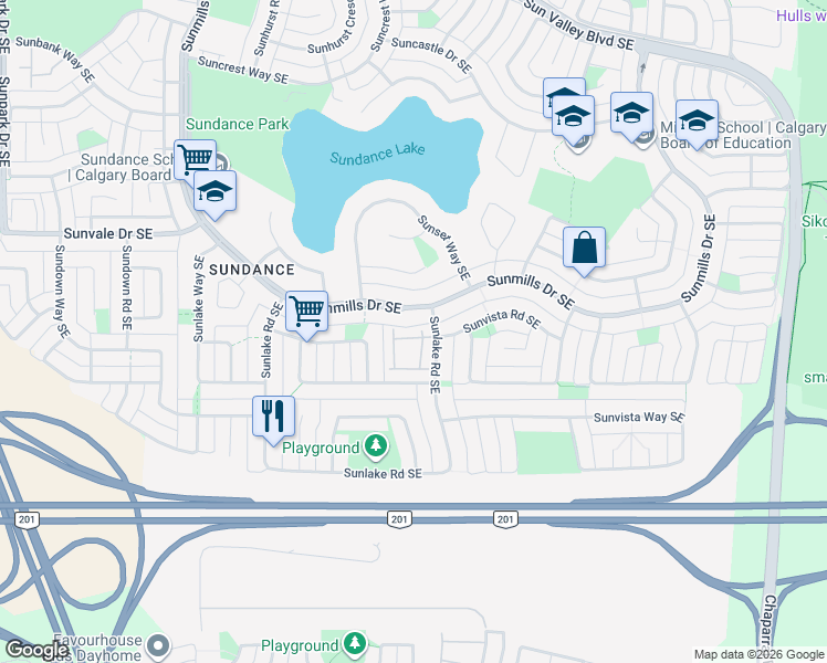 map of restaurants, bars, coffee shops, grocery stores, and more near 16 Sunlake Gardens Southeast in Calgary