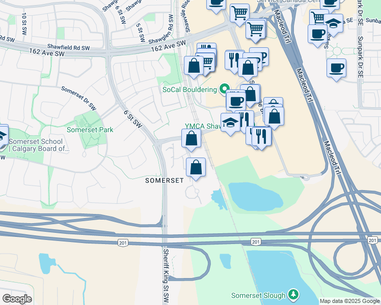 map of restaurants, bars, coffee shops, grocery stores, and more near in Calgary