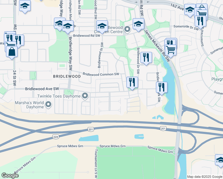 map of restaurants, bars, coffee shops, grocery stores, and more near 114 Bridlewood Avenue Southwest in Calgary