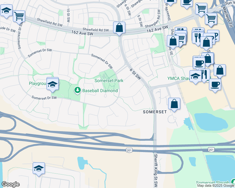 map of restaurants, bars, coffee shops, grocery stores, and more near 915 Somerset Drive Southwest in Calgary