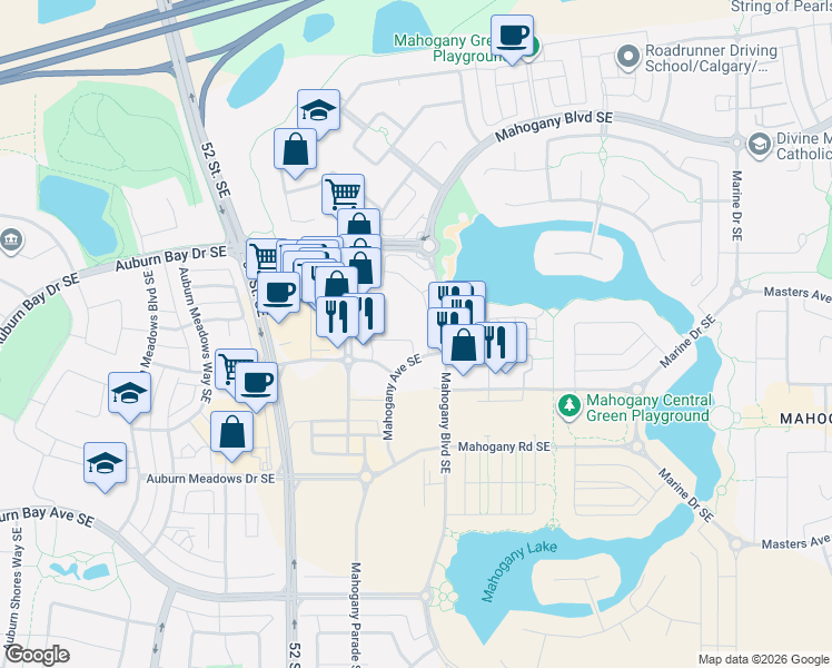 map of restaurants, bars, coffee shops, grocery stores, and more near 2264 Mahogany Boulevard Southeast in Calgary