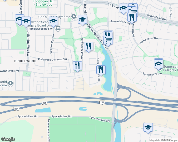 map of restaurants, bars, coffee shops, grocery stores, and more near Bridlecreek Park Southwest in Calgary