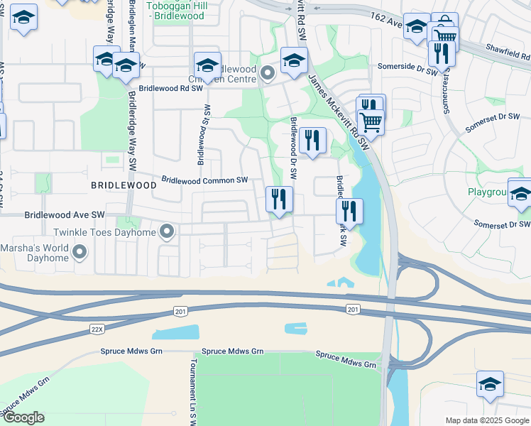 map of restaurants, bars, coffee shops, grocery stores, and more near 227 Bridlewood Way Southwest in Calgary