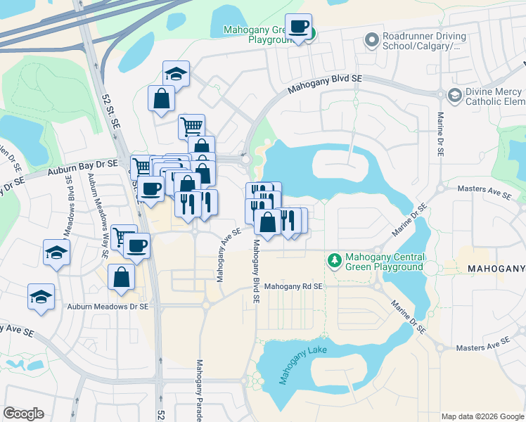 map of restaurants, bars, coffee shops, grocery stores, and more near 2260 Mahogany Boulevard in Calgary