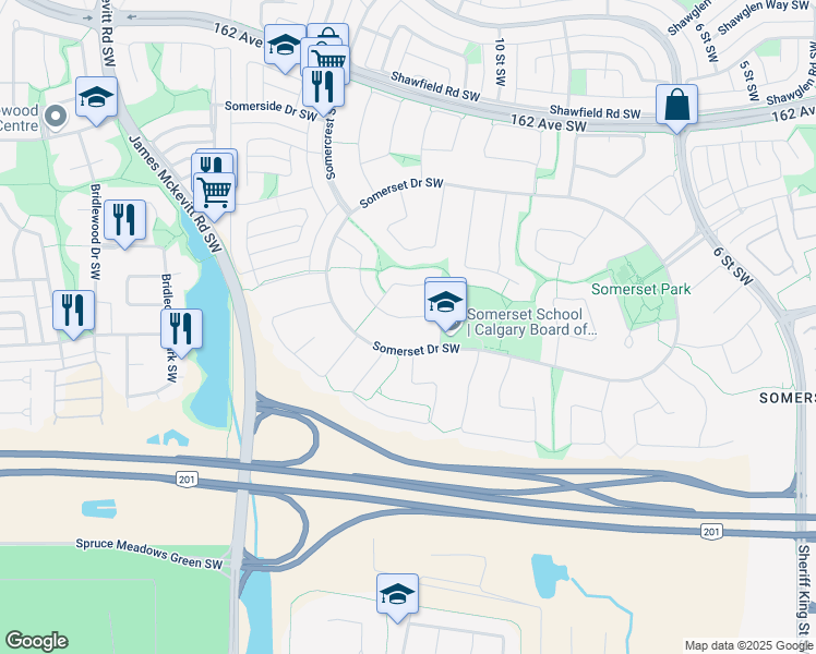 map of restaurants, bars, coffee shops, grocery stores, and more near 93 Somerset Manor Southwest in Calgary