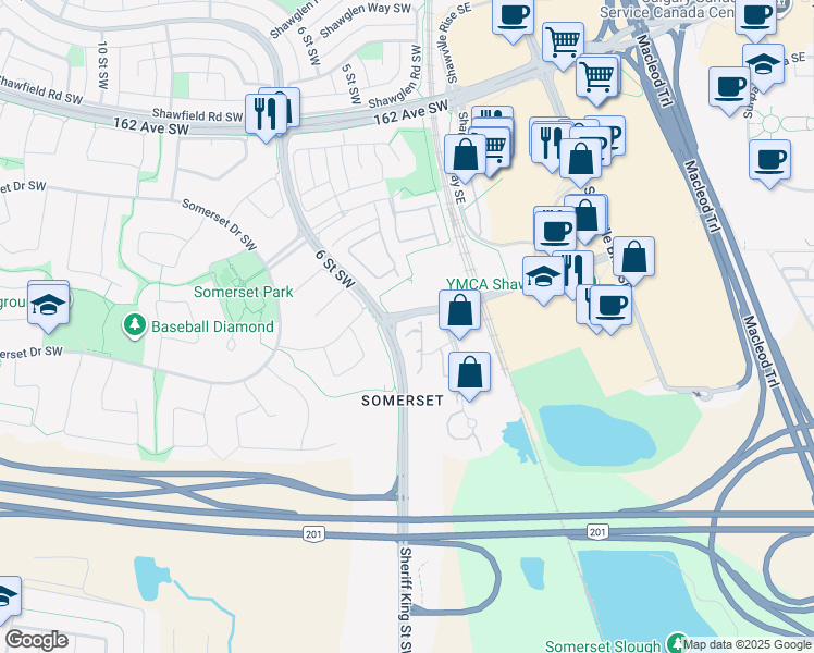map of restaurants, bars, coffee shops, grocery stores, and more near 17100 6 Street Southwest in Calgary
