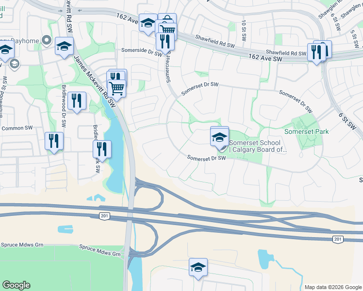 map of restaurants, bars, coffee shops, grocery stores, and more near 69 Somerset Manor Southwest in Calgary