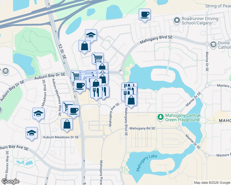 map of restaurants, bars, coffee shops, grocery stores, and more near 11 Mahogany Row Southeast in Calgary