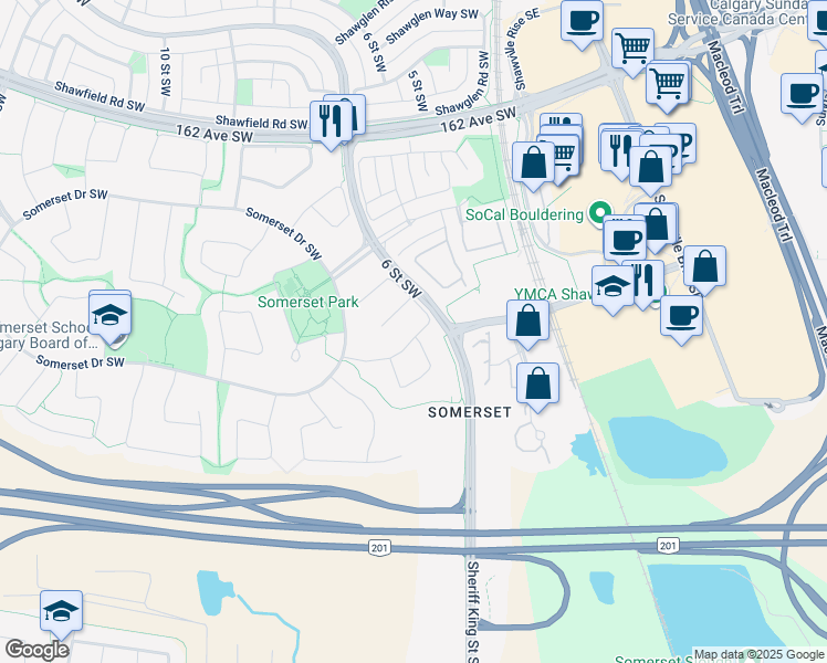 map of restaurants, bars, coffee shops, grocery stores, and more near 58 Somerglen Crescent Southwest in Calgary