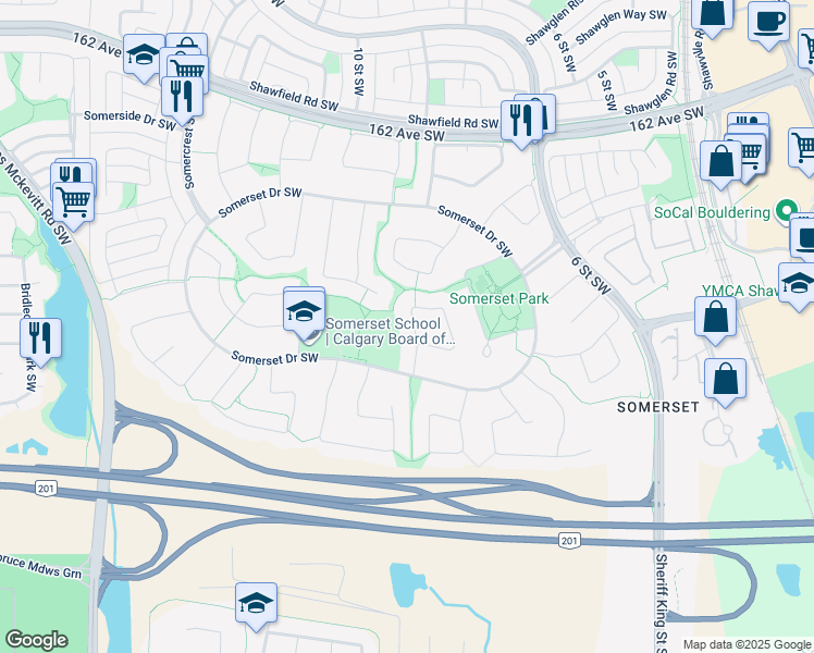 map of restaurants, bars, coffee shops, grocery stores, and more near 41 Somerset Circle Southwest in Calgary