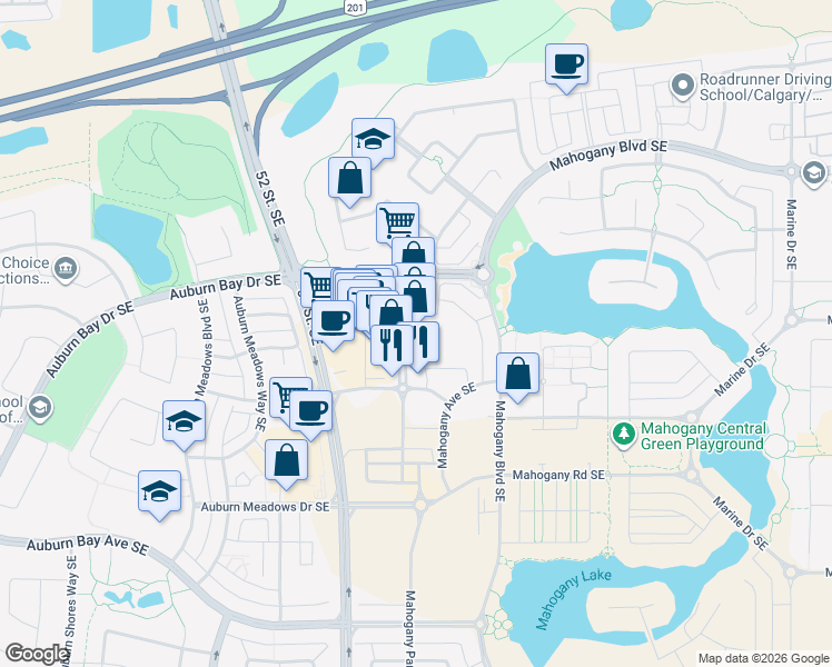 map of restaurants, bars, coffee shops, grocery stores, and more near 3 Mahogany Row Southeast in Calgary