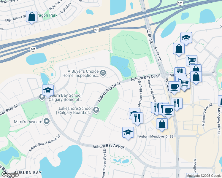 map of restaurants, bars, coffee shops, grocery stores, and more near 430 Auburn Bay Drive Southeast in Calgary