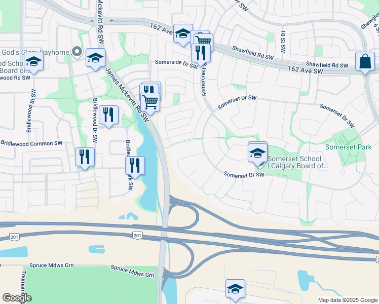 map of restaurants, bars, coffee shops, grocery stores, and more near 18 Somerside Crescent Southwest in Calgary