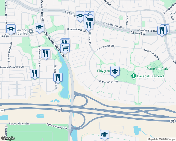 map of restaurants, bars, coffee shops, grocery stores, and more near 374 Somerset Drive Southwest in Calgary