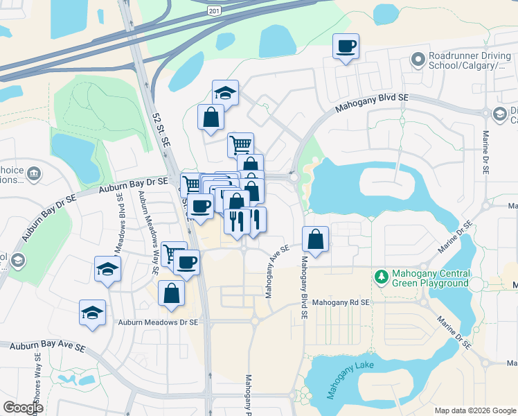 map of restaurants, bars, coffee shops, grocery stores, and more near 3 Mahogany Row Southeast in Calgary
