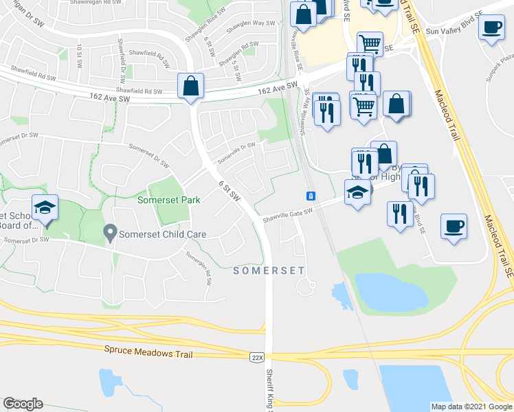 map of restaurants, bars, coffee shops, grocery stores, and more near 17100 6 Street Southwest in Calgary