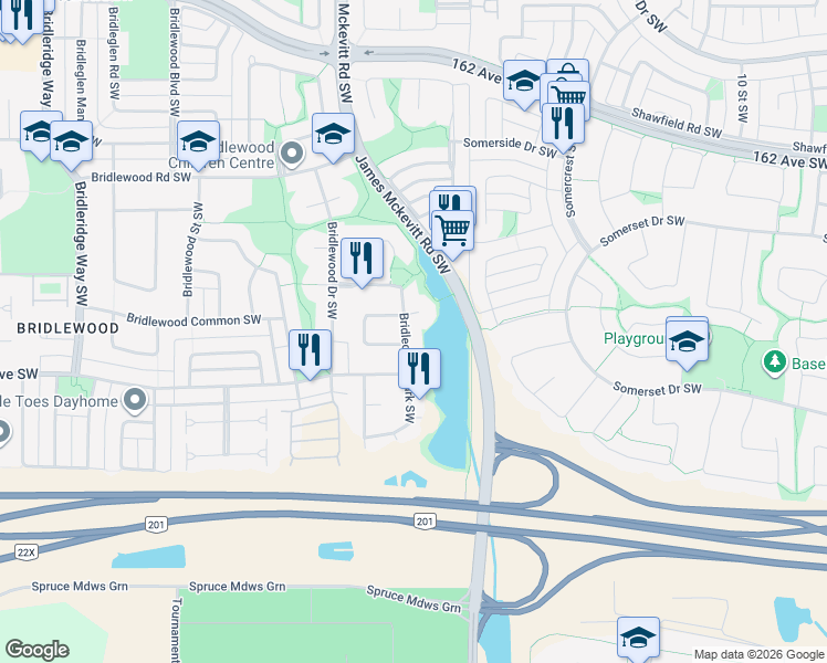 map of restaurants, bars, coffee shops, grocery stores, and more near 81 Bridlecreek Park Southwest in Calgary