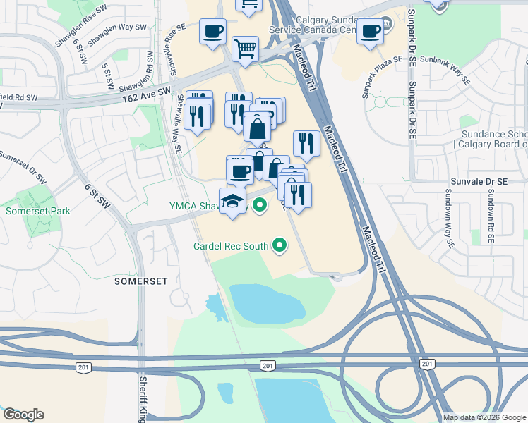 map of restaurants, bars, coffee shops, grocery stores, and more near 333 Shawville Boulevard Southeast in Calgary