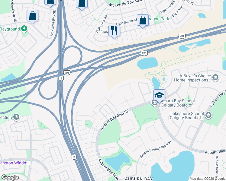 map of restaurants, bars, coffee shops, grocery stores, and more near 198 Autumn Circle Southeast in Calgary