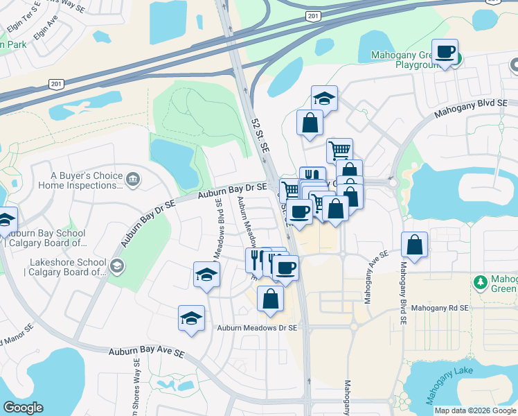 map of restaurants, bars, coffee shops, grocery stores, and more near 15 Auburn Meadows Gardens Southeast in Calgary