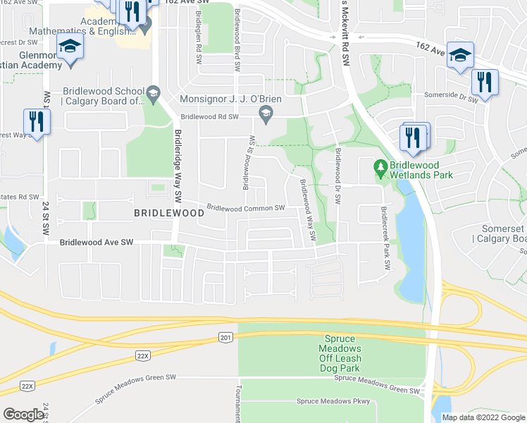 map of restaurants, bars, coffee shops, grocery stores, and more near 115 Bridlewood Common Southwest in Calgary