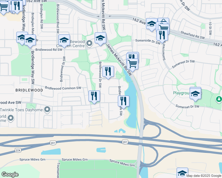 map of restaurants, bars, coffee shops, grocery stores, and more near 60 Bridlecreek Terrace Southwest in Calgary