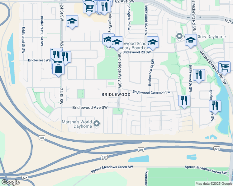 map of restaurants, bars, coffee shops, grocery stores, and more near 321 Bridleridge Way Southwest in Calgary