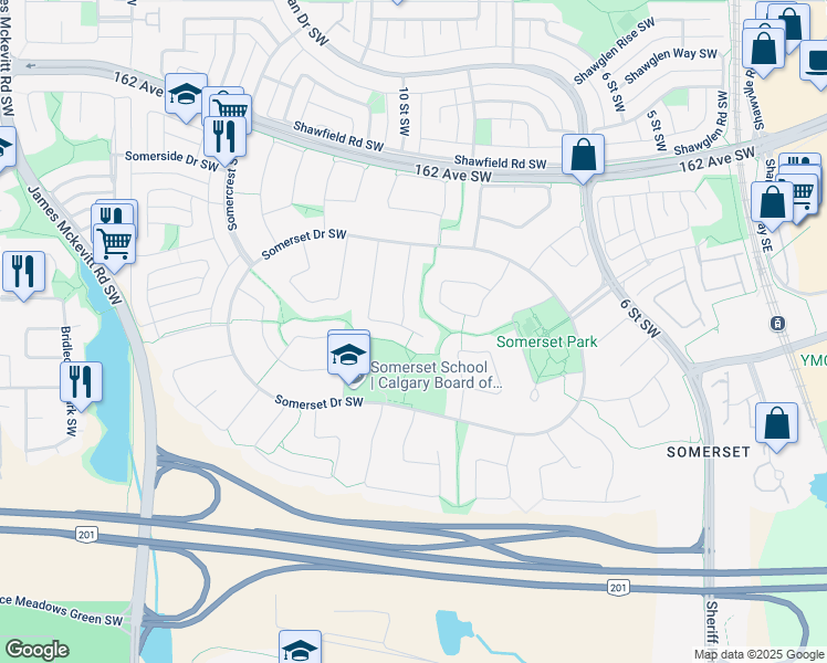 map of restaurants, bars, coffee shops, grocery stores, and more near Somerset Court Southwest in Calgary