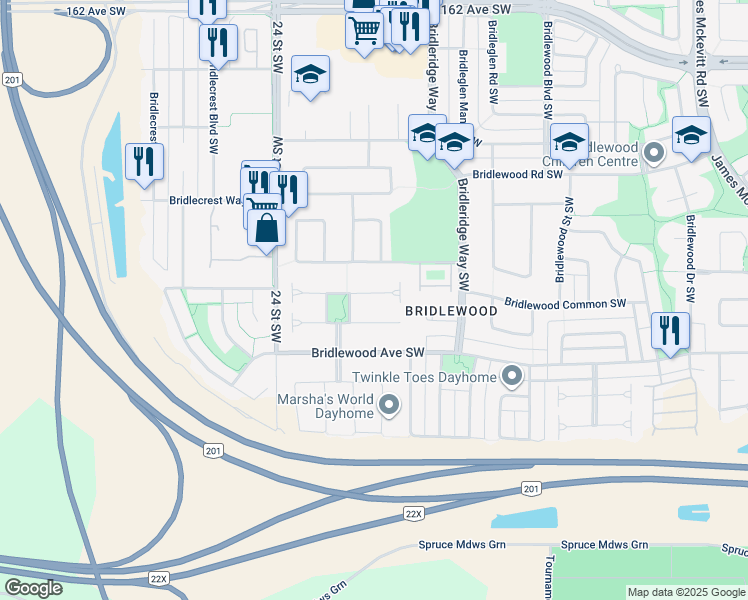 map of restaurants, bars, coffee shops, grocery stores, and more near 244 Bridlemeadows Common Southwest in Calgary