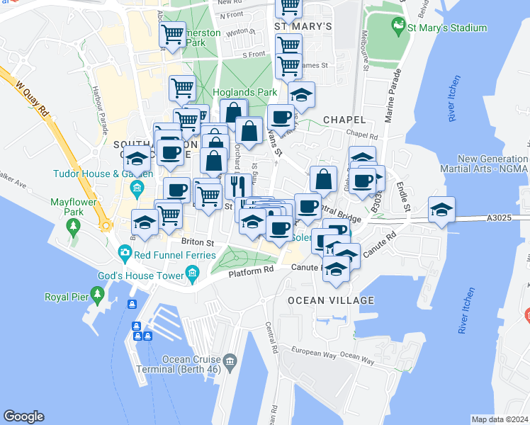 map of restaurants, bars, coffee shops, grocery stores, and more near 13 Bernard Street in Southampton