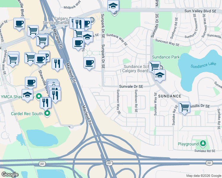 map of restaurants, bars, coffee shops, grocery stores, and more near 281 Sunvale Drive Southeast in Calgary
