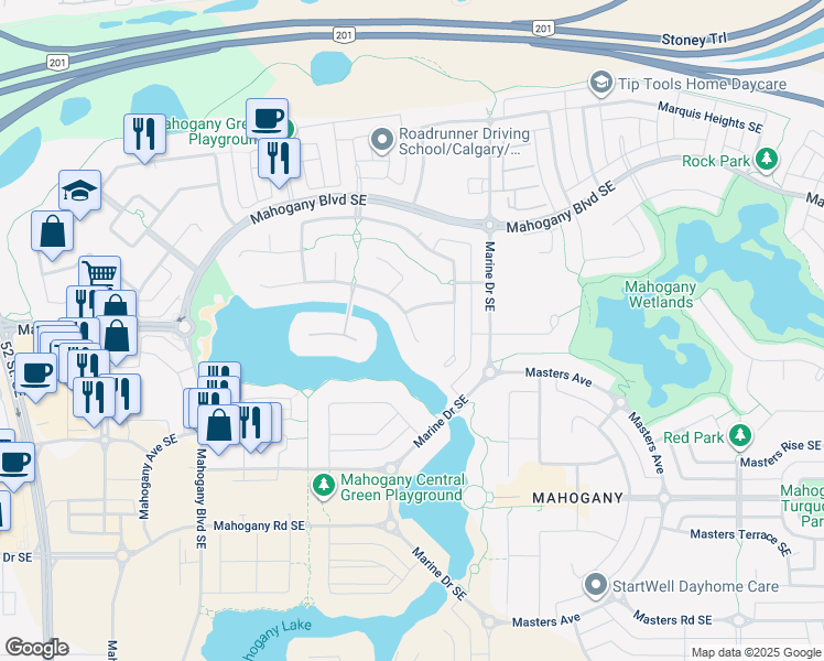 map of restaurants, bars, coffee shops, grocery stores, and more near 107 100 Mahogany Landing in Calgary