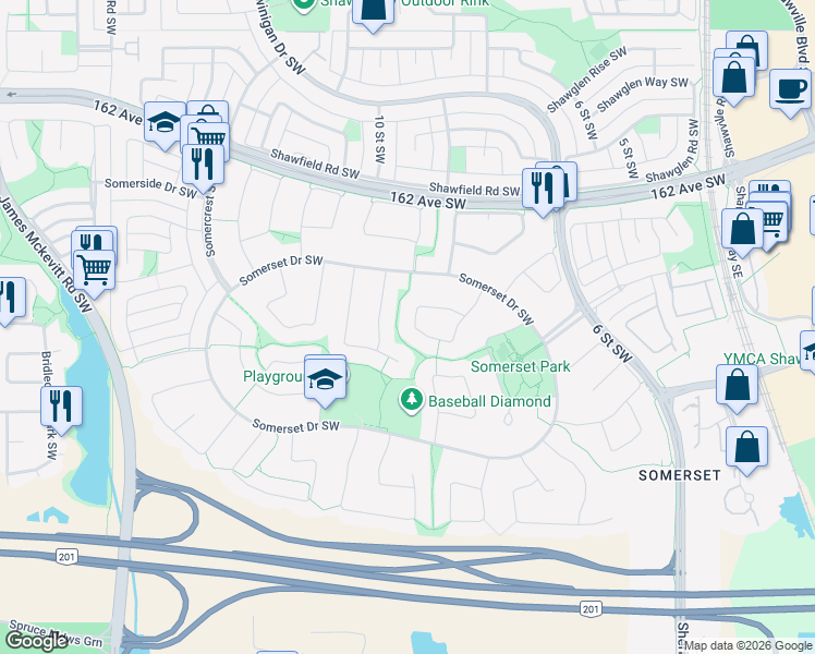 map of restaurants, bars, coffee shops, grocery stores, and more near 98 Somerset Close Southwest in Calgary