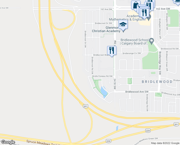 map of restaurants, bars, coffee shops, grocery stores, and more near 99 Bridlecrest Road Southwest in Calgary