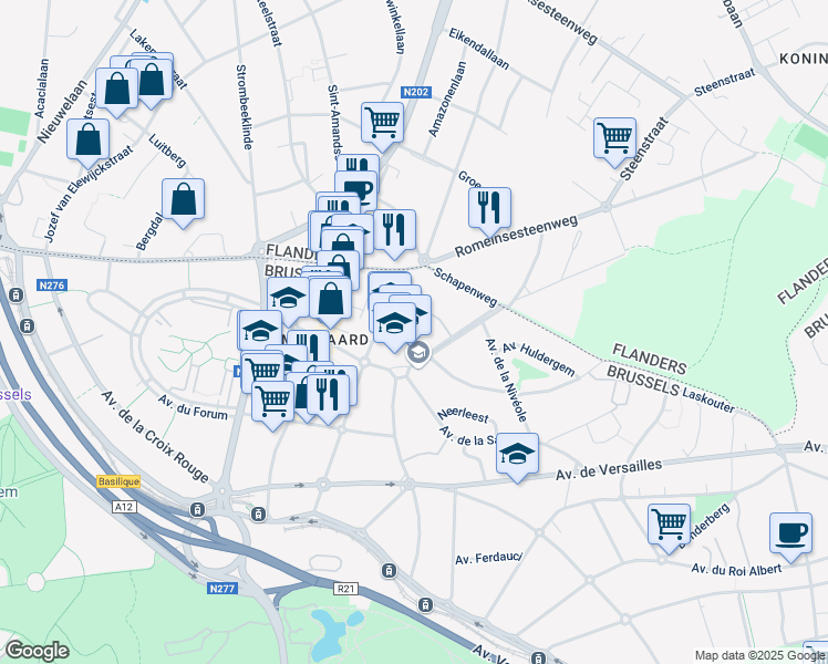 map of restaurants, bars, coffee shops, grocery stores, and more near 28 Avenue de la Bugrane in Bruxelles