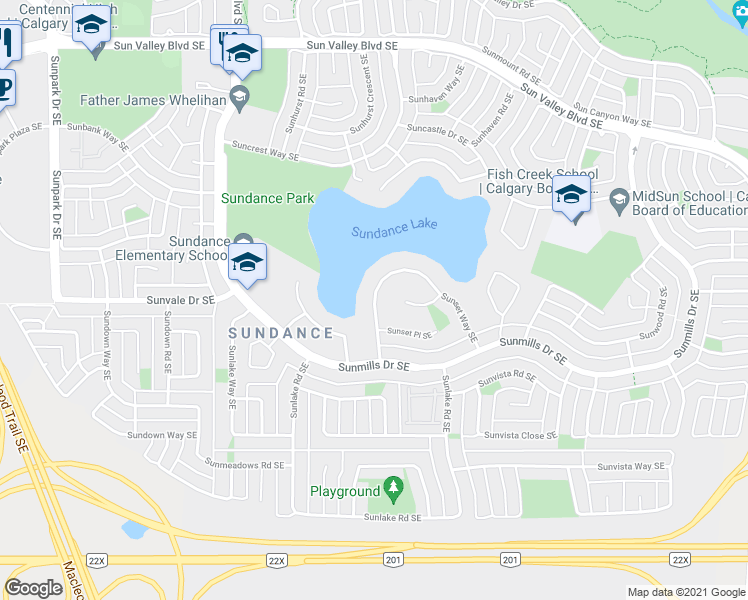 map of restaurants, bars, coffee shops, grocery stores, and more near 37 Sunset Way Southeast in Calgary