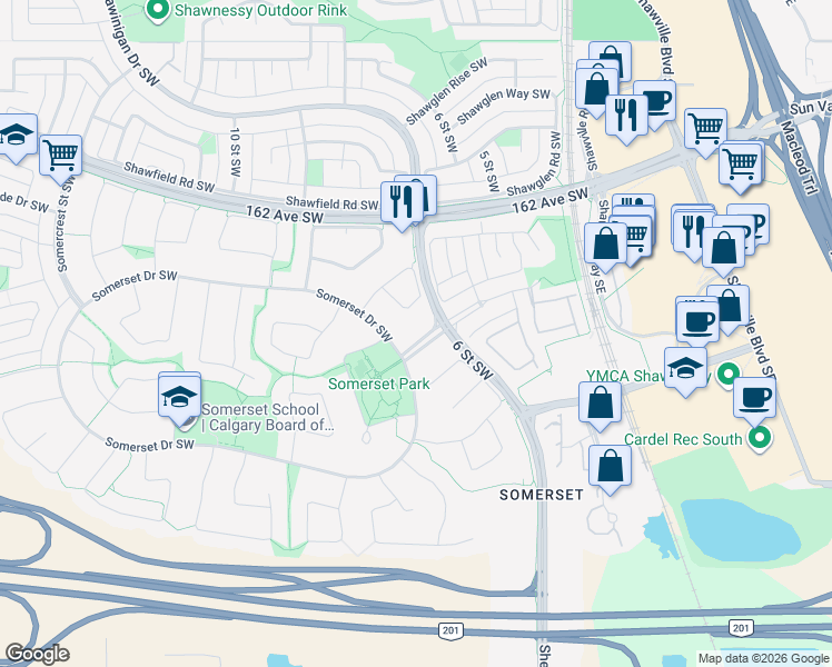 map of restaurants, bars, coffee shops, grocery stores, and more near 22 Somerset Gate Southwest in Calgary