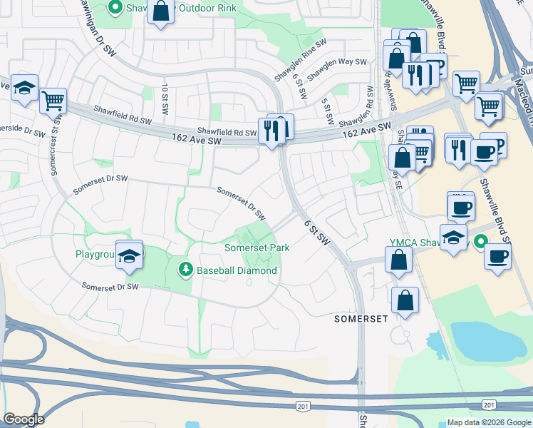 map of restaurants, bars, coffee shops, grocery stores, and more near 20 Somerset Drive Southwest in Calgary