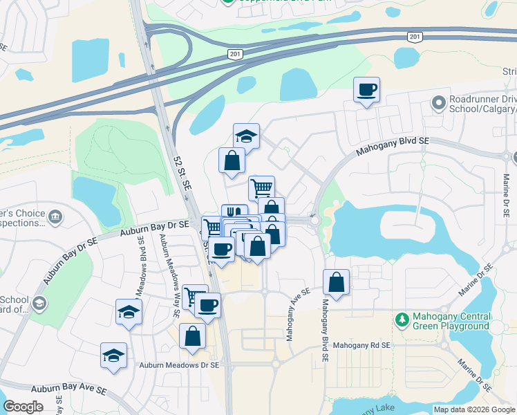 map of restaurants, bars, coffee shops, grocery stores, and more near 4 Mahogany Row Southeast in Calgary